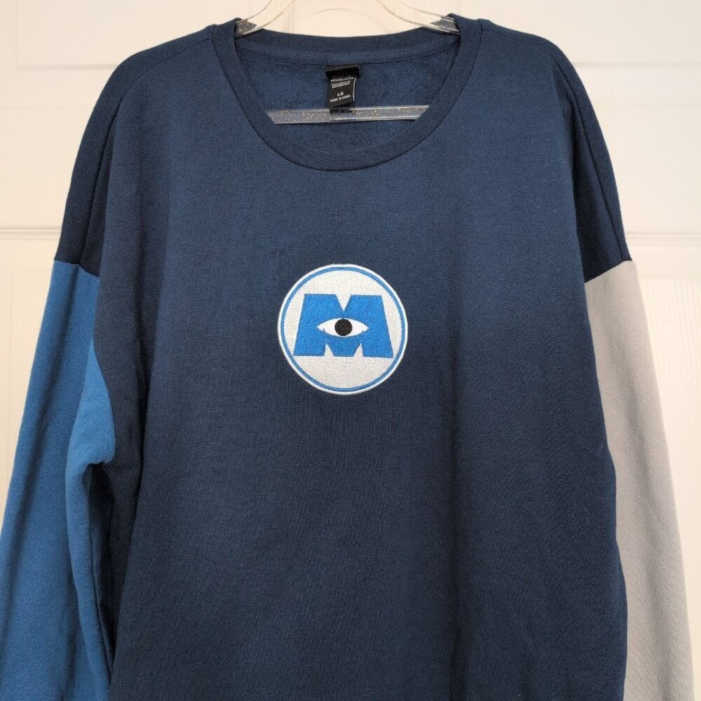 Disney PIXAR Monsters Inc Sock Patch Sweatshirt Mens Size Large Blue Color Block - Picture 2 of 7